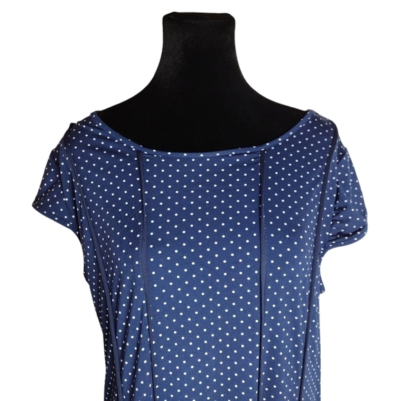 Short Sleeve Scoopneck A-line Dress Navy Blue with White Polka Dots XL - Picture 3 of 7